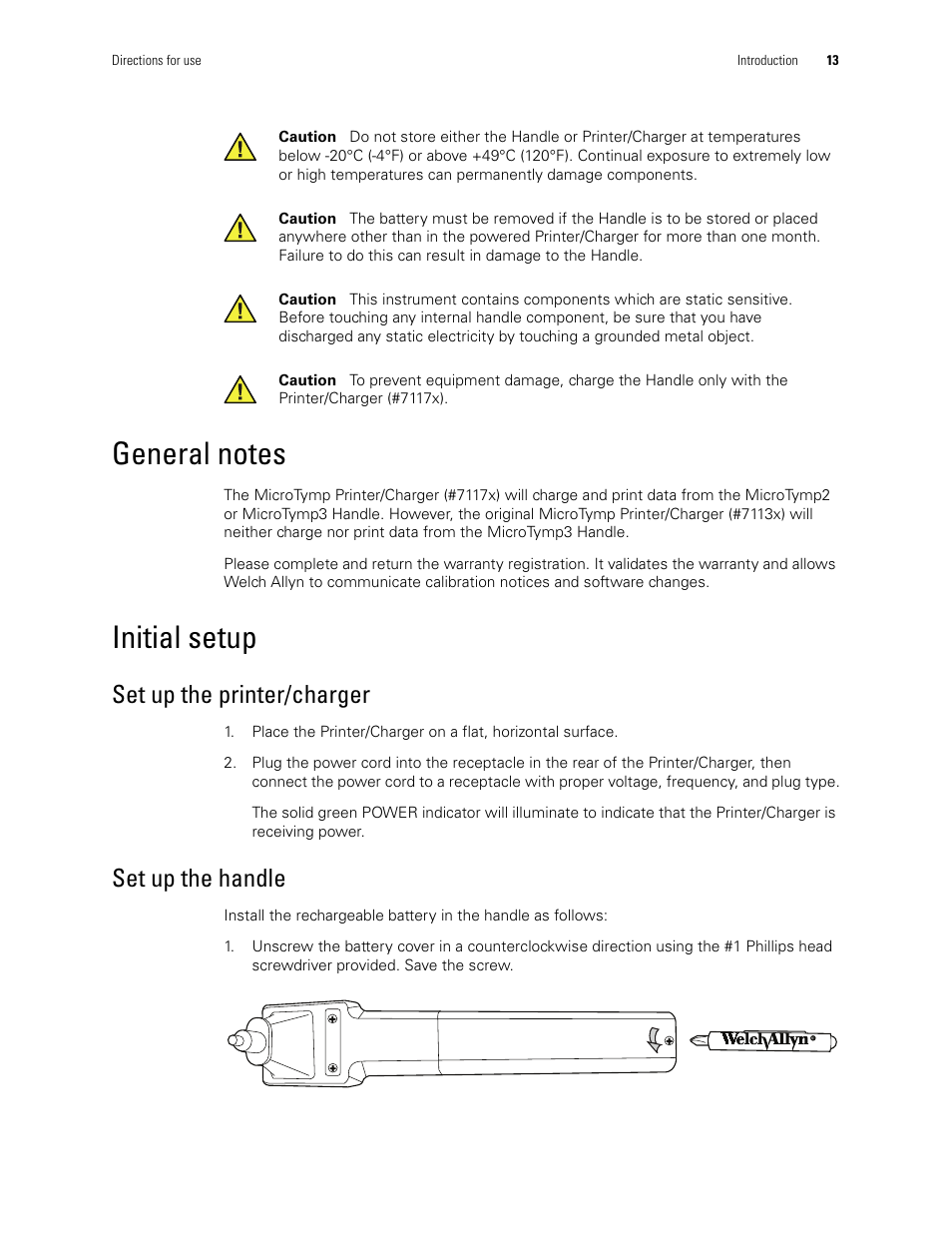 General notes, Initial setup, General notes initial setup | Set up the printer/charger set up the handle, Set up the printer/charger, Set up the handle | Welch Allyn MicroTymp 3 portable tympanometric instrument - User Manual User Manual | Page 13 / 76