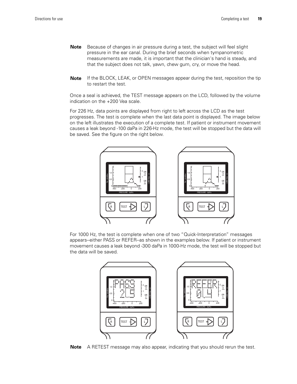 Directions for use completing a test 19 | Welch Allyn MicroTymp 3 portable tympanometric instrument - User Manual User Manual | Page 19 / 76