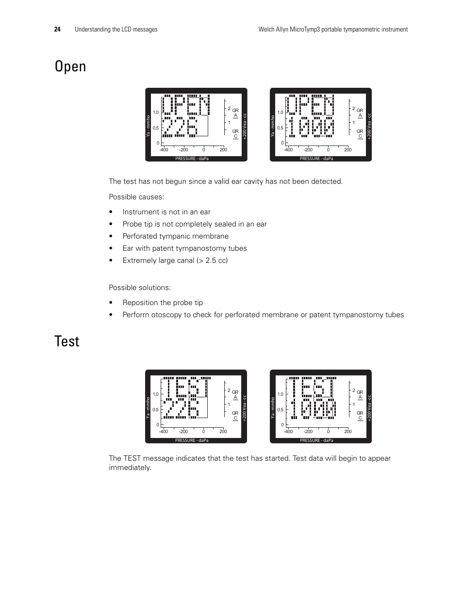Open, Test, Open test | Welch Allyn MicroTymp 3 portable tympanometric instrument - User Manual User Manual | Page 24 / 76