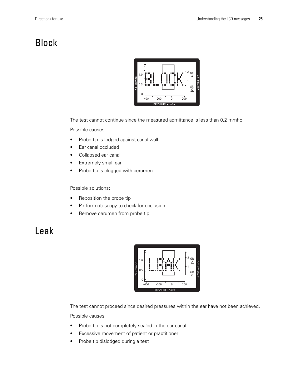 Block, Leak, Block leak | Welch Allyn MicroTymp 3 portable tympanometric instrument - User Manual User Manual | Page 25 / 76