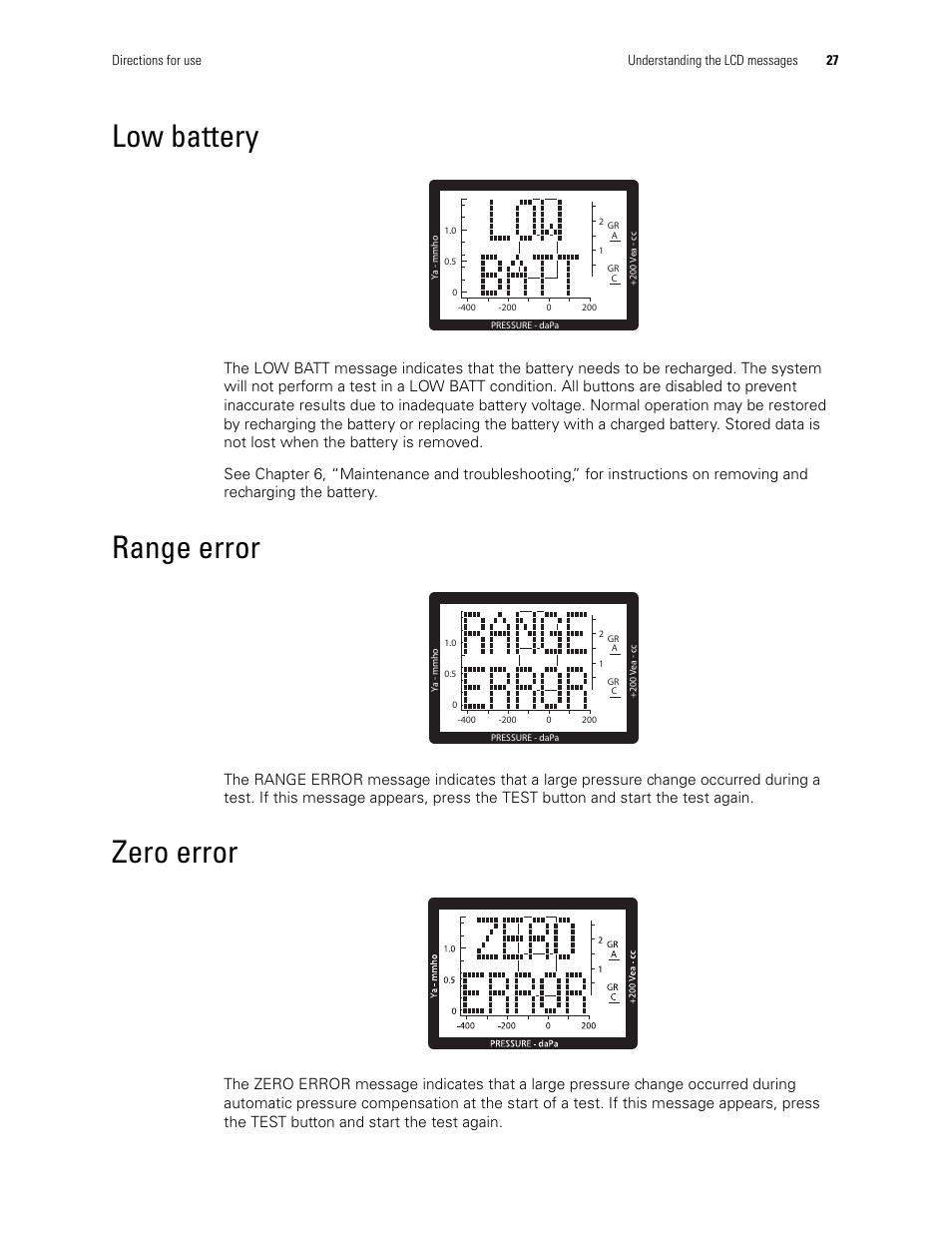 Low battery, Range error, Zero error | Low battery range error zero error | Welch Allyn MicroTymp 3 portable tympanometric instrument - User Manual User Manual | Page 27 / 76