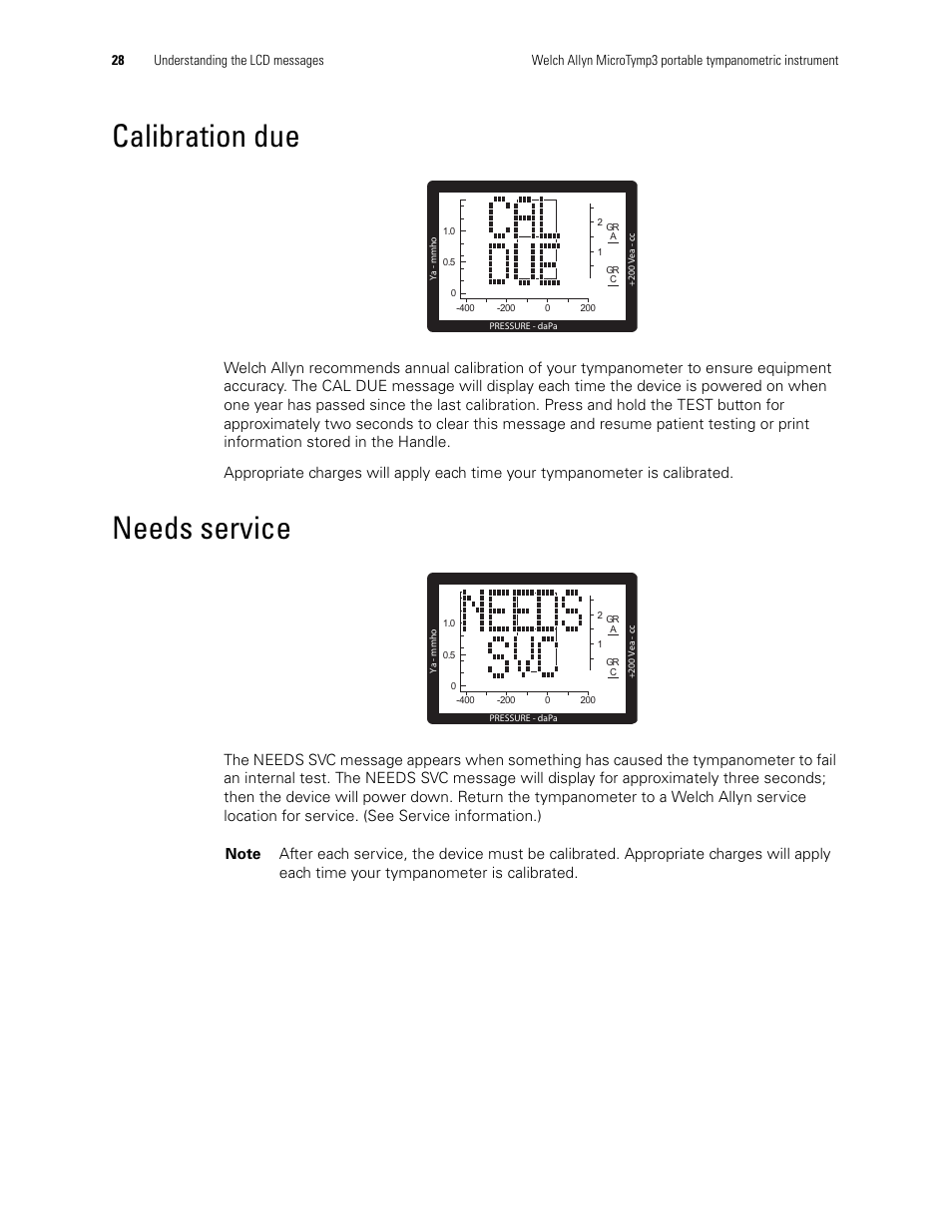 Calibration due, Needs service, Calibration due needs service | Welch Allyn MicroTymp 3 portable tympanometric instrument - User Manual User Manual | Page 28 / 76