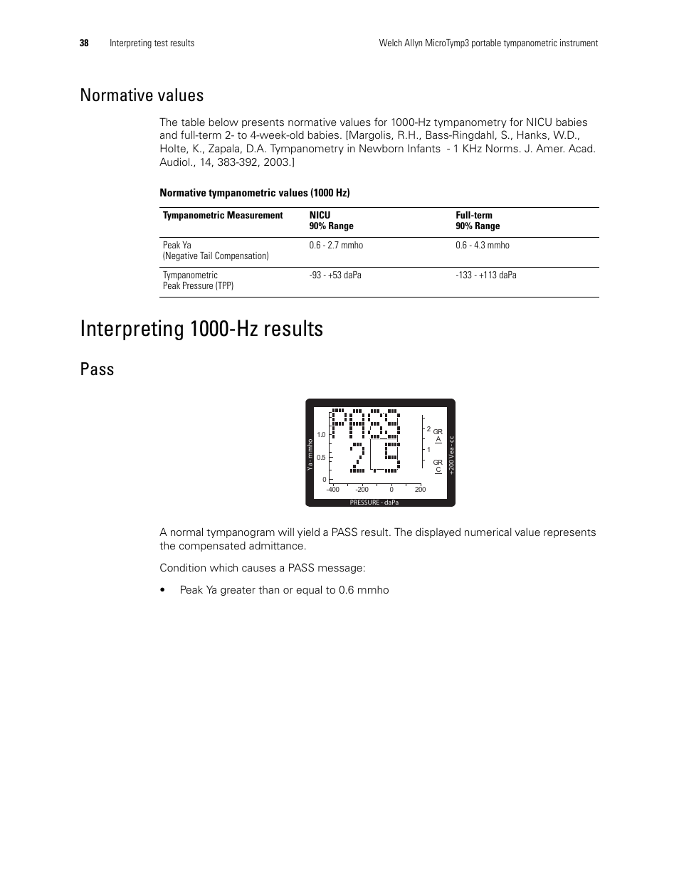 Interpreting 1000-hz results, Normative values, Pass | Welch Allyn MicroTymp 3 portable tympanometric instrument - User Manual User Manual | Page 38 / 76