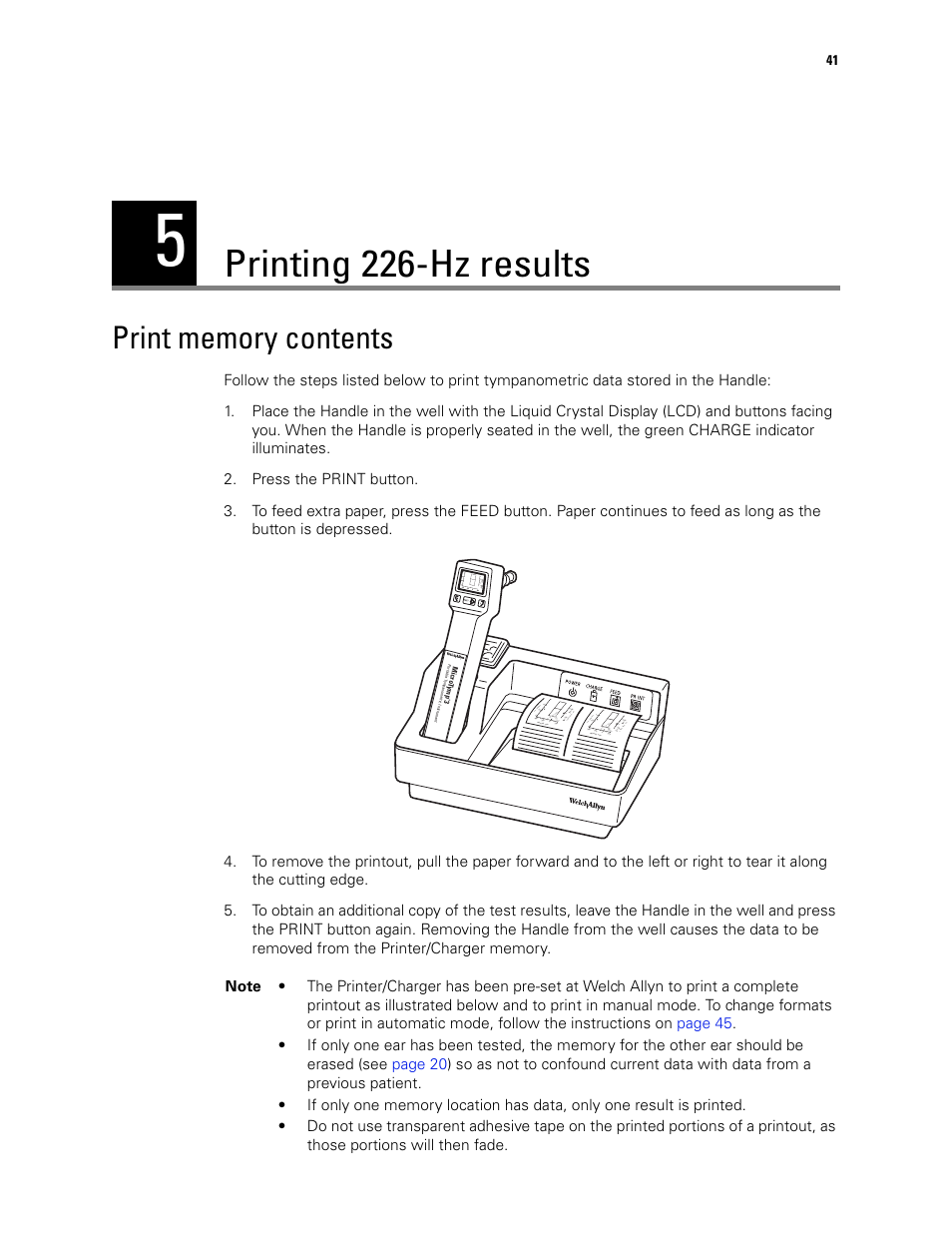 Printing 226-hz results, Print memory contents, 5 - printing 226-hz results | Ya - mmho +200 vea - cc | Welch Allyn MicroTymp 3 portable tympanometric instrument - User Manual User Manual | Page 41 / 76