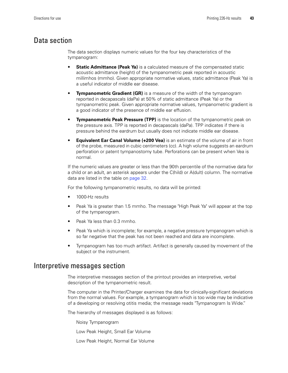 Data section interpretive messages section | Welch Allyn MicroTymp 3 portable tympanometric instrument - User Manual User Manual | Page 43 / 76