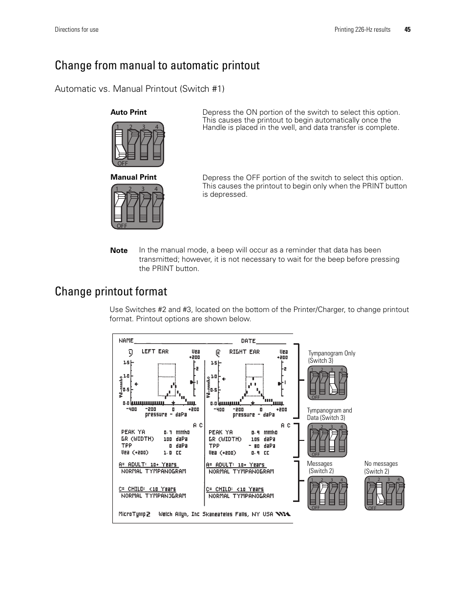 Change from manual to automatic printout, Change printout format, Automatic vs. manual printout (switch #1) | Welch Allyn MicroTymp 3 portable tympanometric instrument - User Manual User Manual | Page 45 / 76