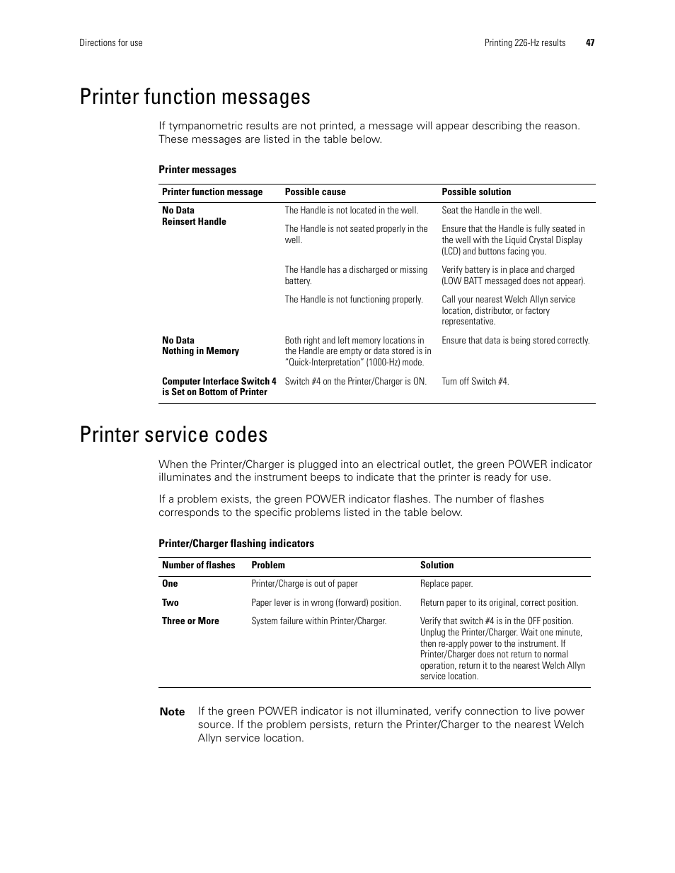 Printer function messages, Printer service codes, Printer function messages printer service codes | Welch Allyn MicroTymp 3 portable tympanometric instrument - User Manual User Manual | Page 47 / 76