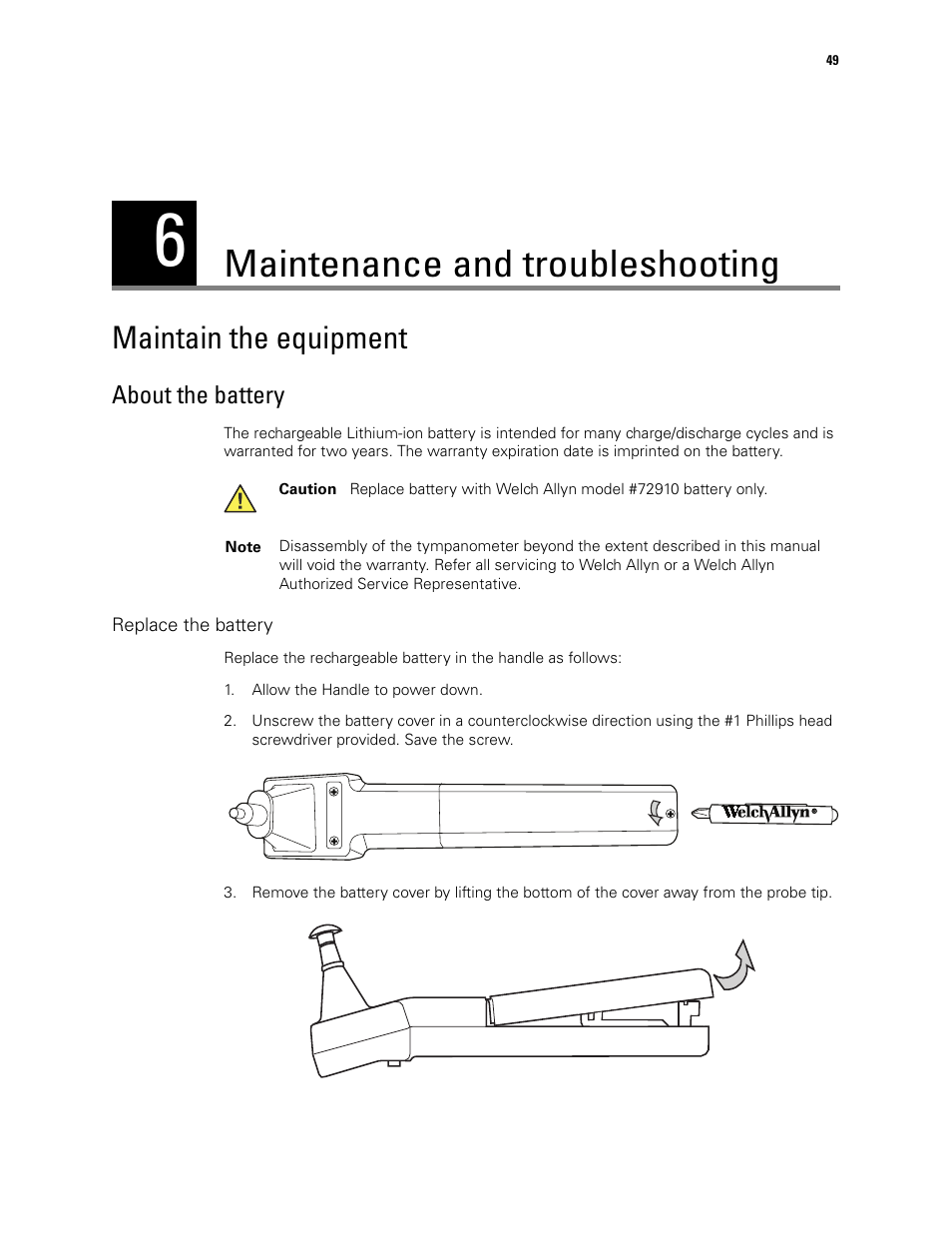 Maintenance and troubleshooting, Maintain the equipment, 6 - maintenance and troubleshooting | About the battery | Welch Allyn MicroTymp 3 portable tympanometric instrument - User Manual User Manual | Page 49 / 76