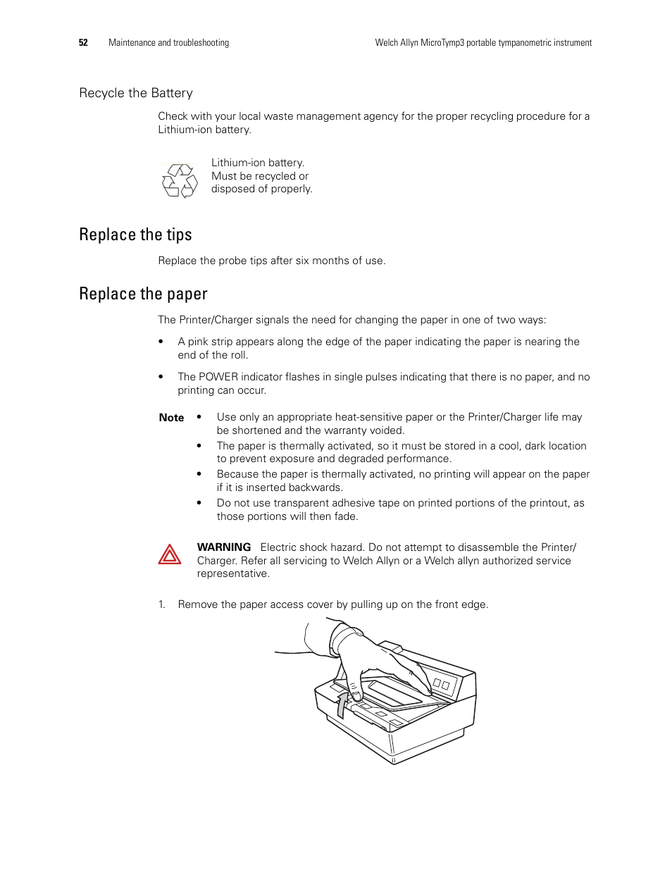 Replace the tips replace the paper, Replace the tips, Replace the paper | Welch Allyn MicroTymp 3 portable tympanometric instrument - User Manual User Manual | Page 52 / 76