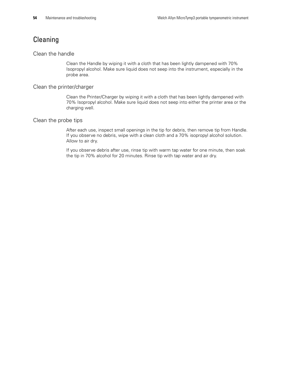 Cleaning | Welch Allyn MicroTymp 3 portable tympanometric instrument - User Manual User Manual | Page 54 / 76