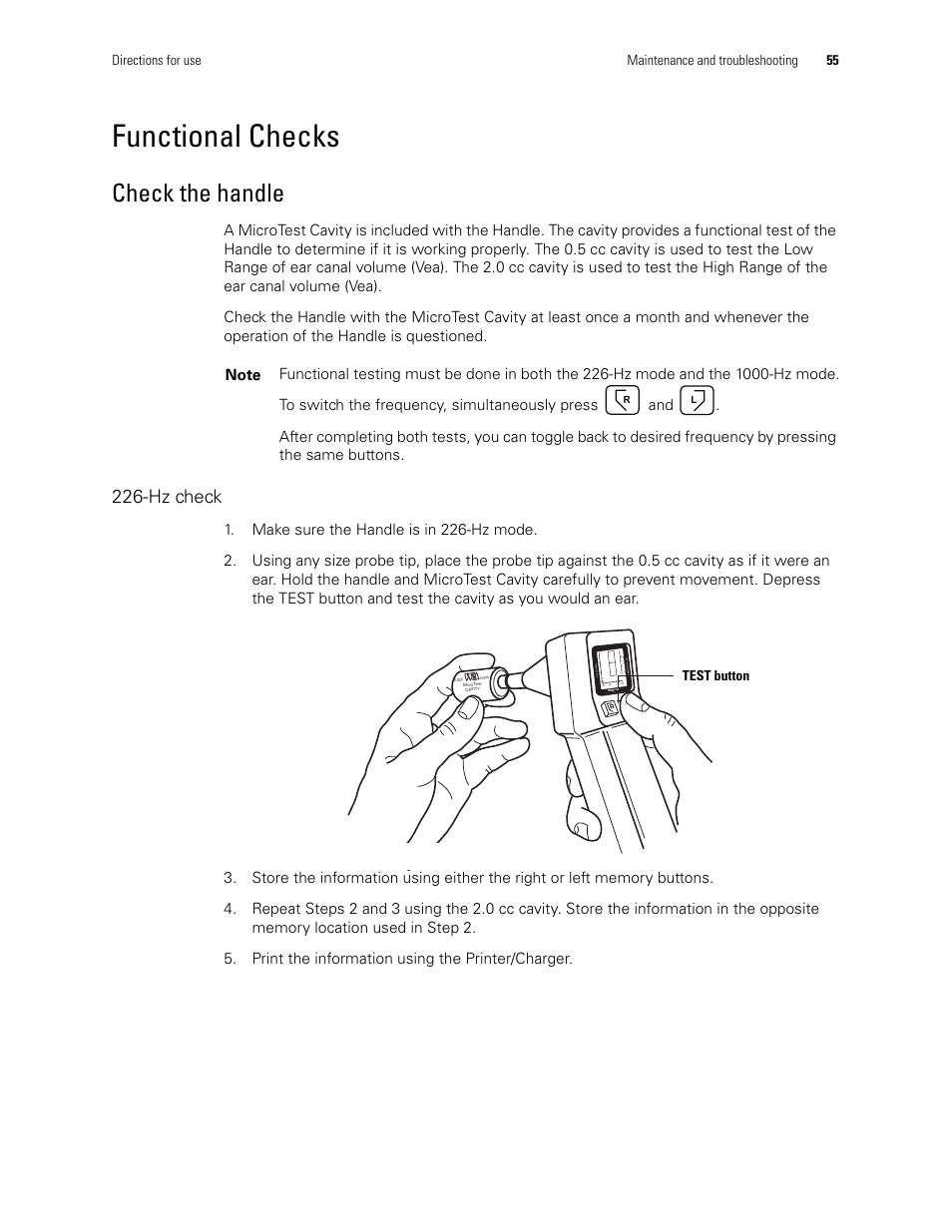 Functional checks, Check the handle, Hz check | Welch Allyn MicroTymp 3 portable tympanometric instrument - User Manual User Manual | Page 55 / 76