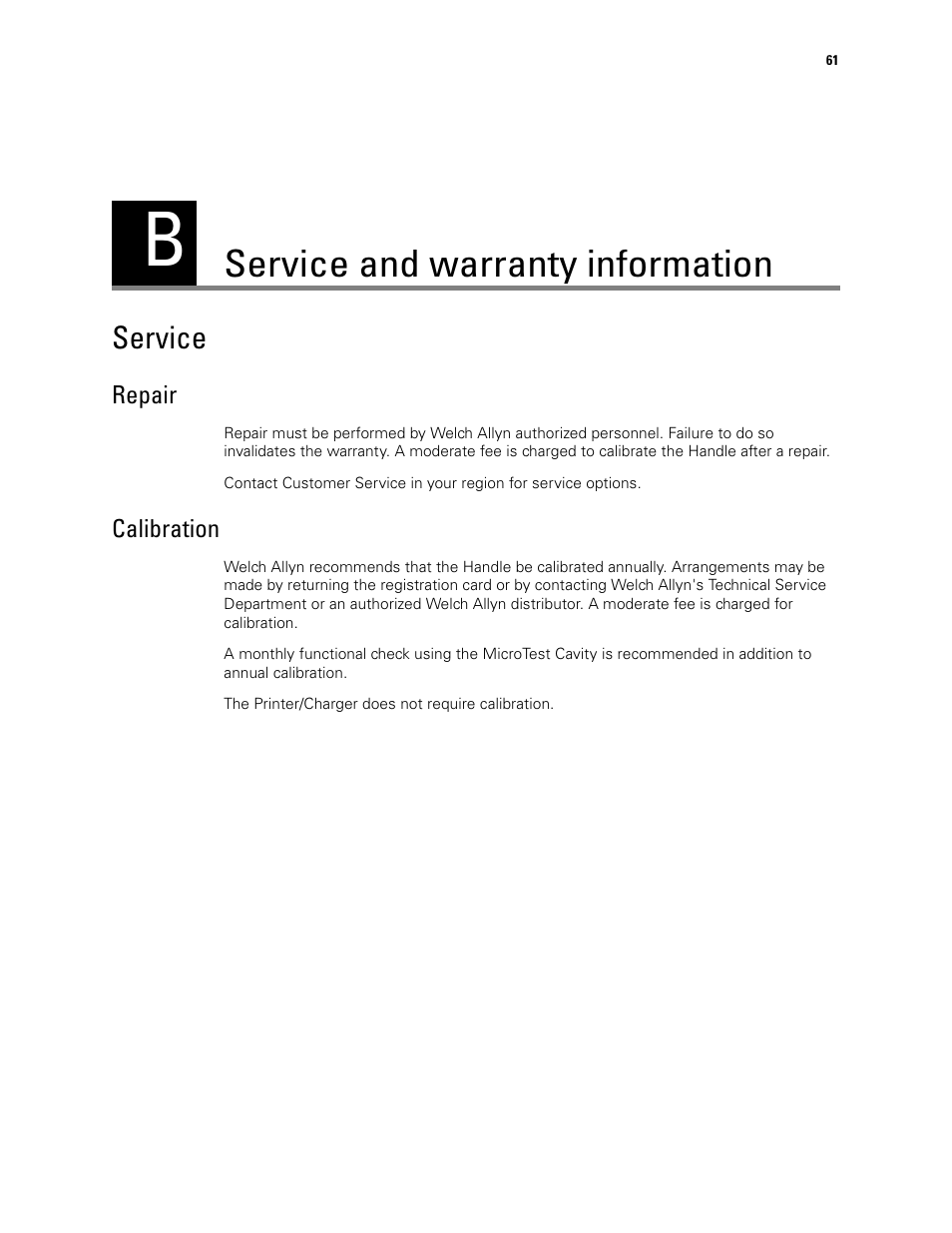 Service and warranty information, Service, B - service and warranty information | Repair calibration | Welch Allyn MicroTymp 3 portable tympanometric instrument - User Manual User Manual | Page 61 / 76