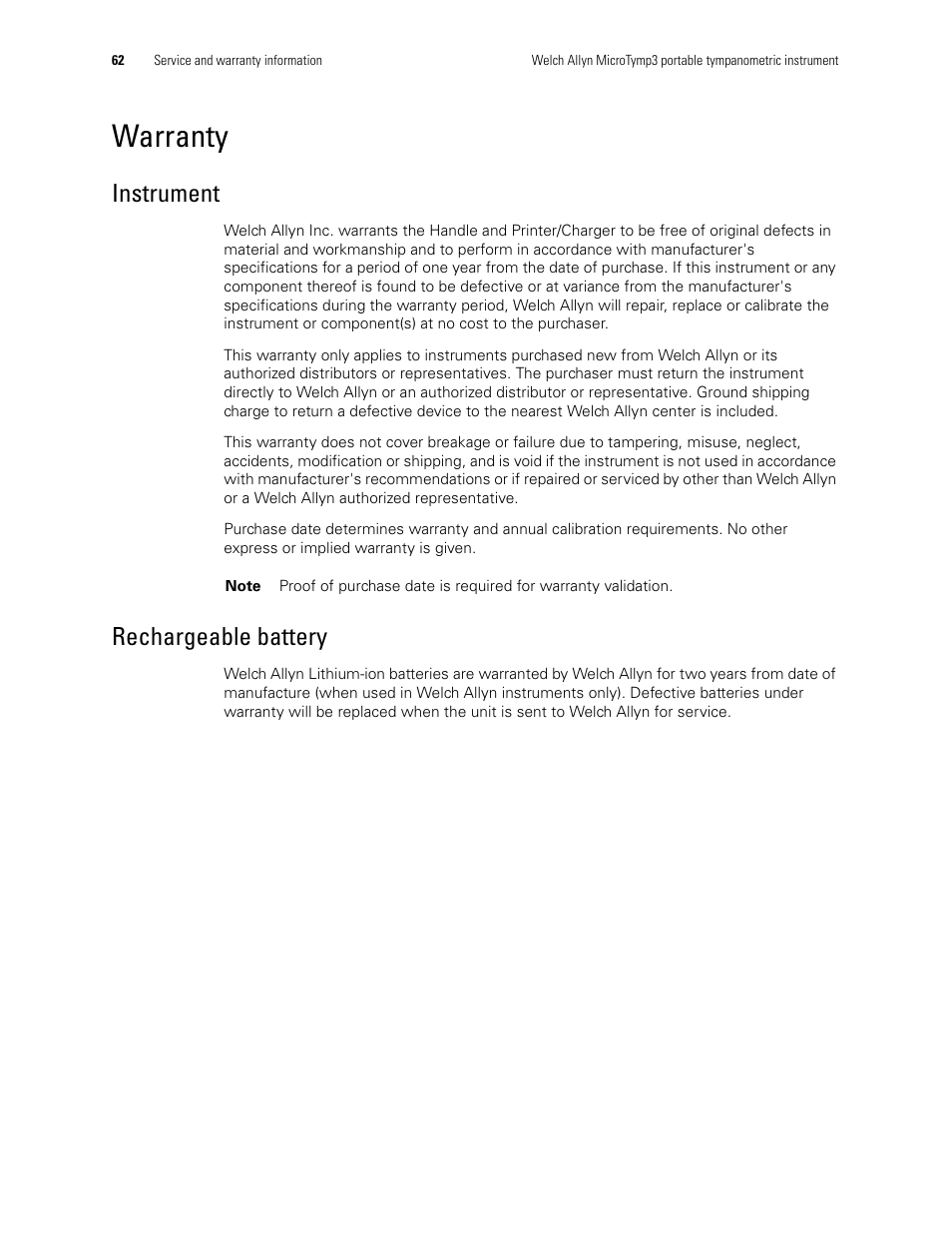 Warranty, Instrument rechargeable battery, Instrument | Rechargeable battery | Welch Allyn MicroTymp 3 portable tympanometric instrument - User Manual User Manual | Page 62 / 76