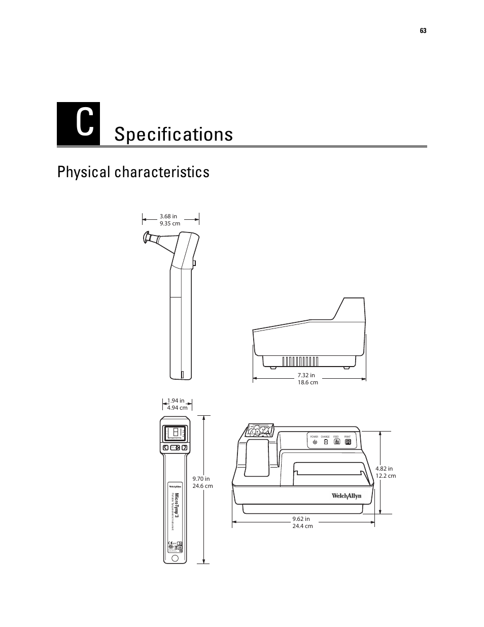 Specifications, Physical characteristics, C - specifications | Welch Allyn MicroTymp 3 portable tympanometric instrument - User Manual User Manual | Page 63 / 76