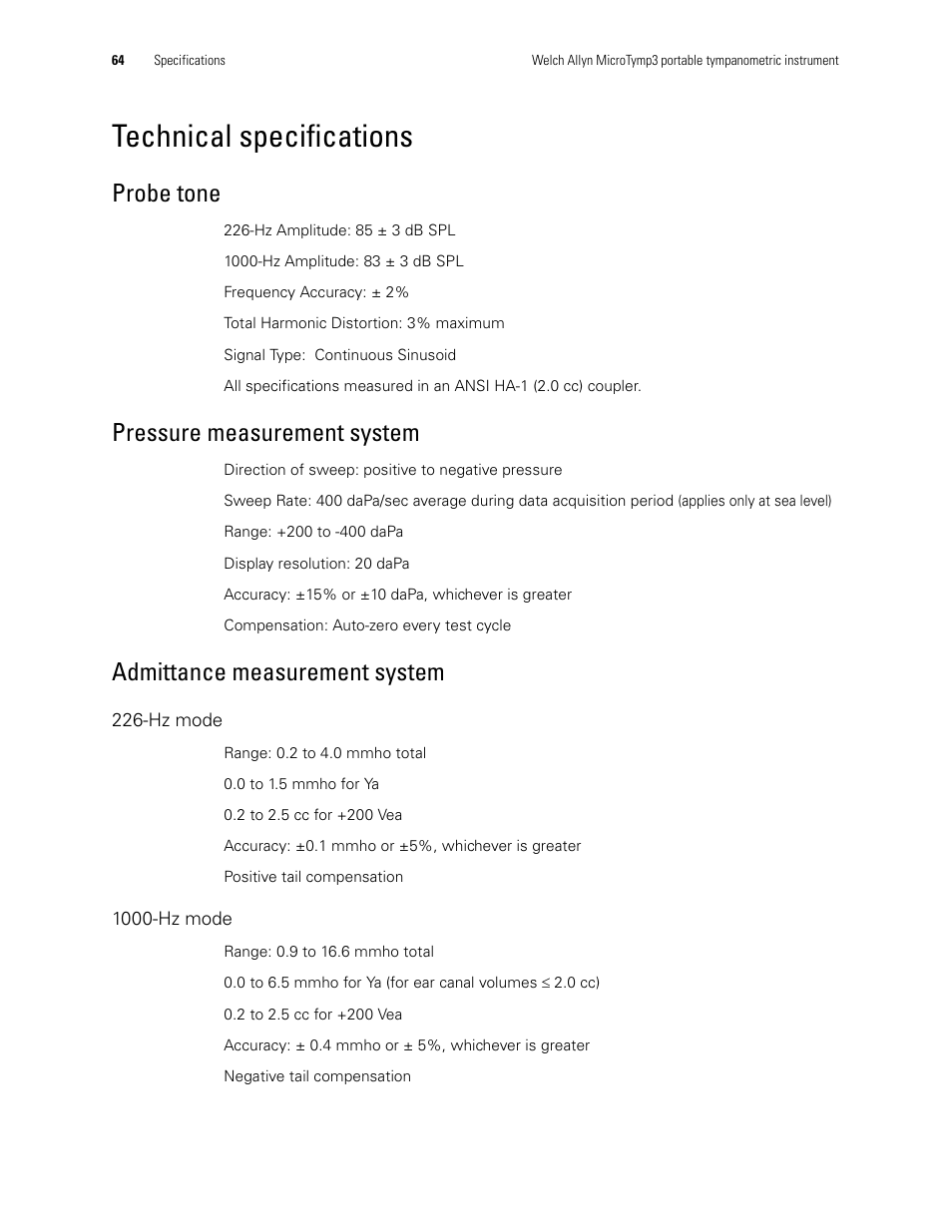 Technical specifications, Probe tone, Pressure measurement system | Admittance measurement system | Welch Allyn MicroTymp 3 portable tympanometric instrument - User Manual User Manual | Page 64 / 76