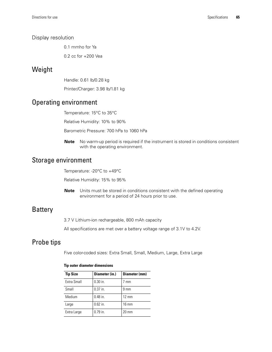 Weight, Operating environment, Storage environment | Battery, Probe tips | Welch Allyn MicroTymp 3 portable tympanometric instrument - User Manual User Manual | Page 65 / 76