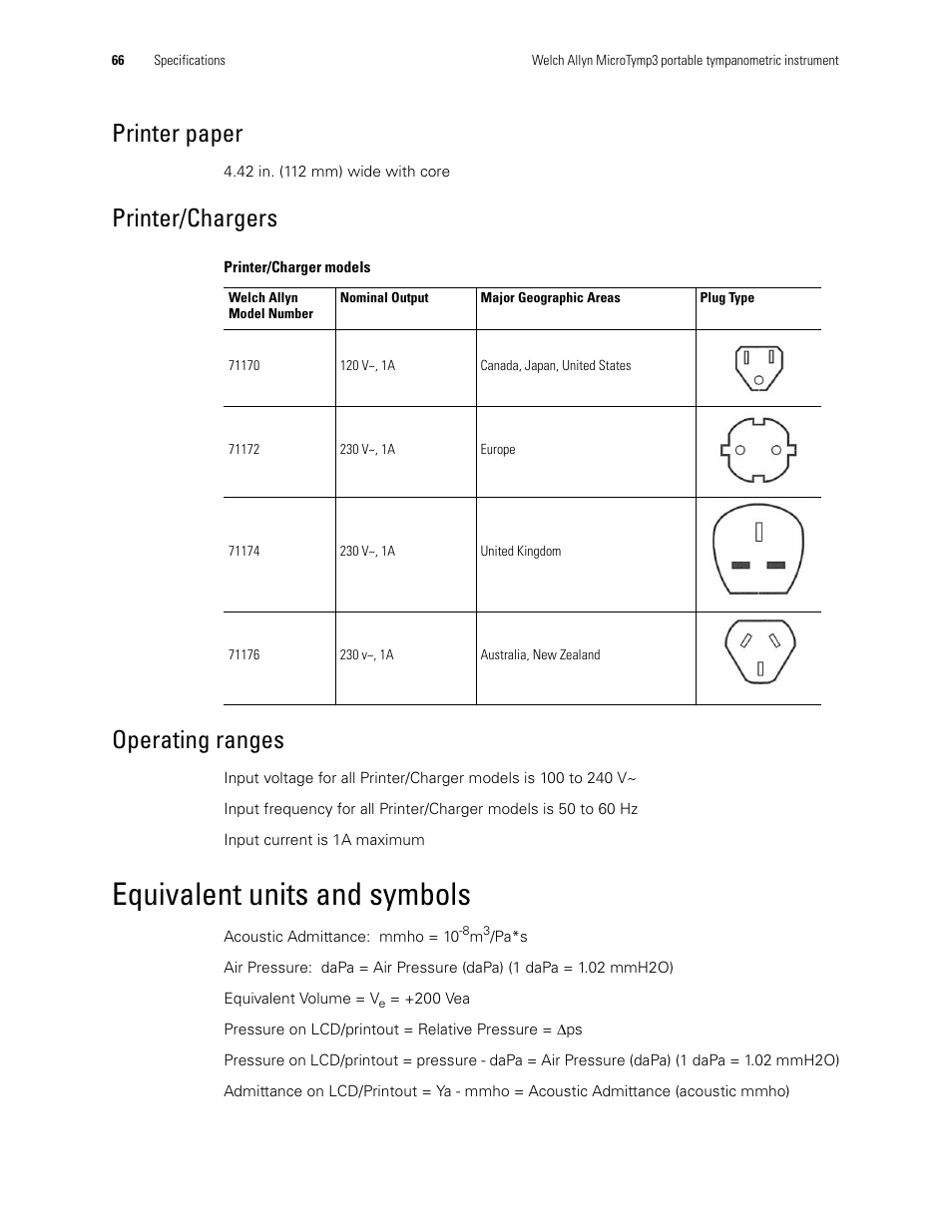 Equivalent units and symbols, Printer paper printer/chargers operating ranges, Printer paper | Printer/chargers operating ranges | Welch Allyn MicroTymp 3 portable tympanometric instrument - User Manual User Manual | Page 66 / 76