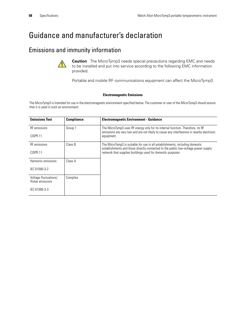 Guidance and manufacturer’s declaration, Emissions and immunity information | Welch Allyn MicroTymp 3 portable tympanometric instrument - User Manual User Manual | Page 68 / 76