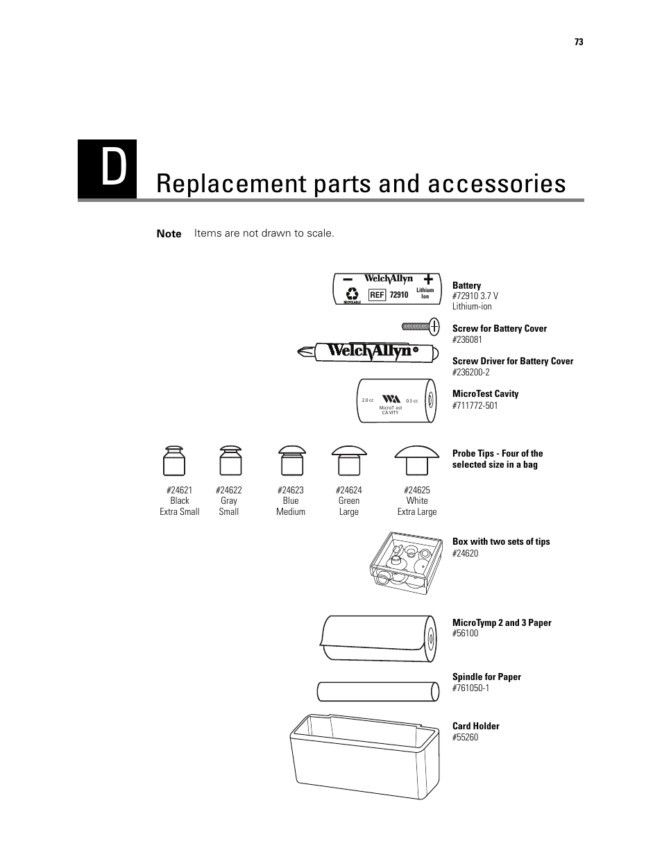 Replacement parts and accessories, D - replacement parts and accessories | Welch Allyn MicroTymp 3 portable tympanometric instrument - User Manual User Manual | Page 73 / 76