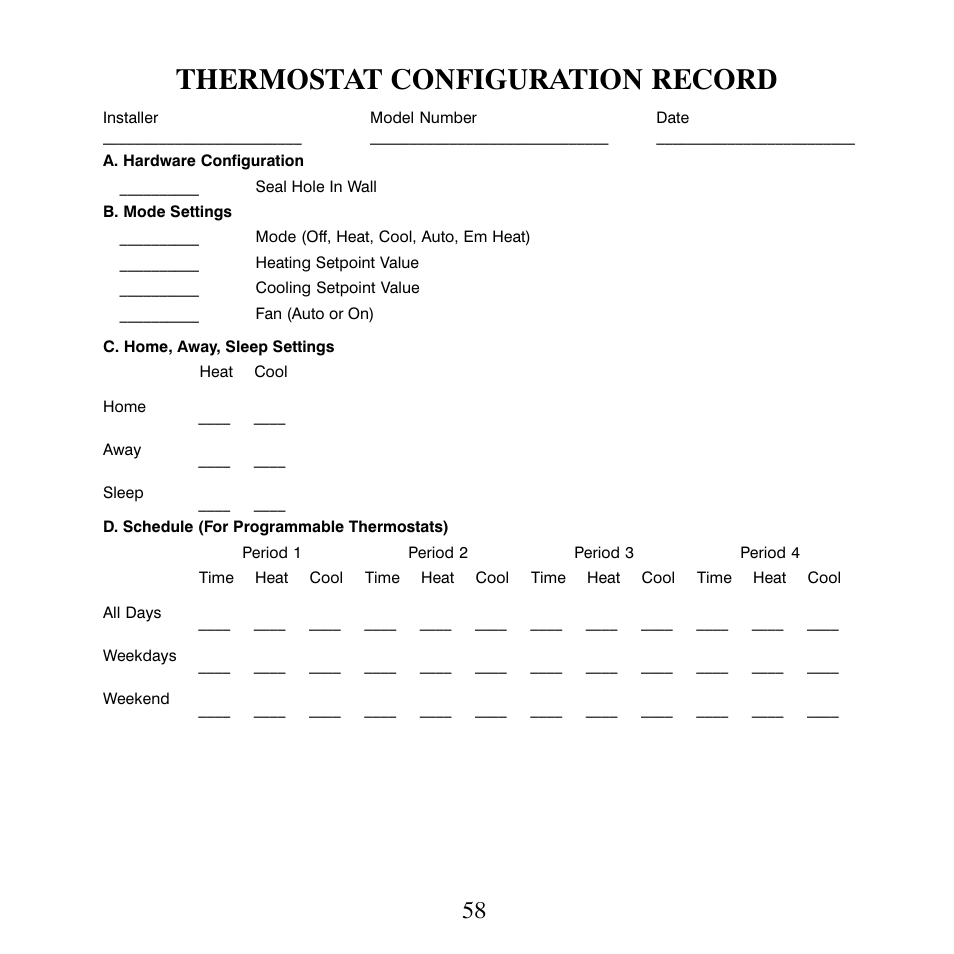 Thermostat configuration record | Bryant T6-NHP User Manual | Page 60 / 64