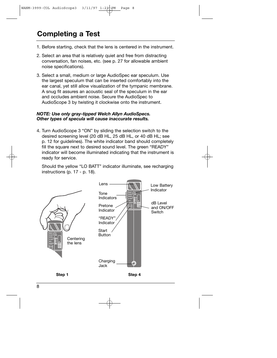 Completing a test | Welch Allyn Audioscope 3 Portable Screening Audiometer - User Manual User Manual | Page 10 / 32