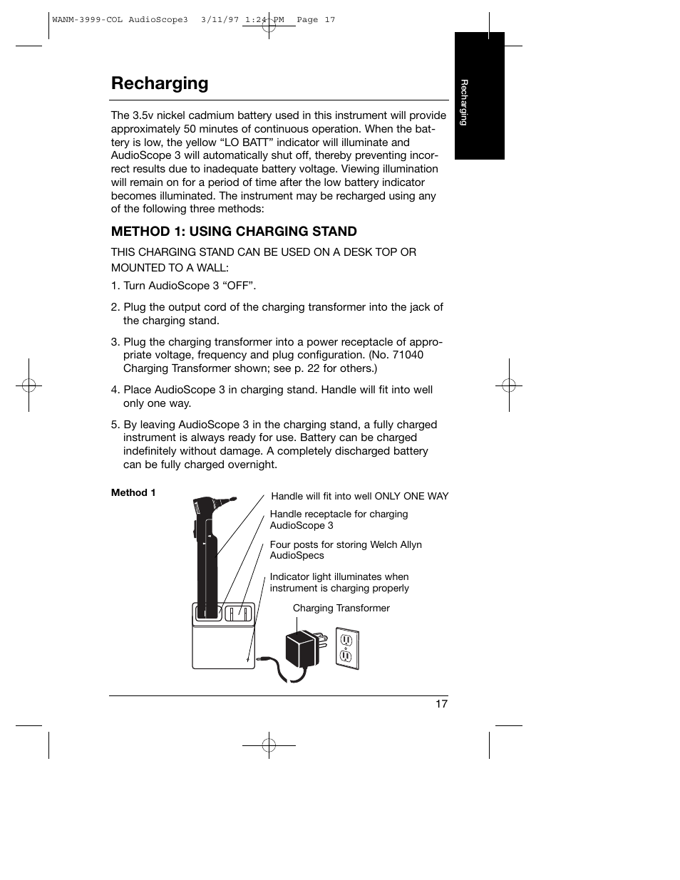 Recharging | Welch Allyn Audioscope 3 Portable Screening Audiometer - User Manual User Manual | Page 19 / 32