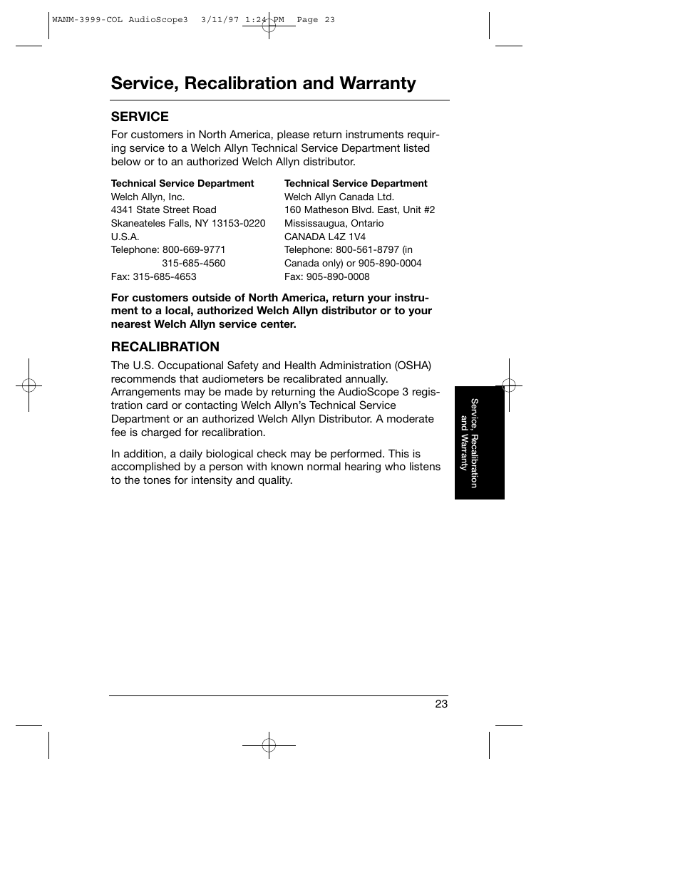 Service, recalibration and warranty, Service, Recalibration | Welch Allyn Audioscope 3 Portable Screening Audiometer - User Manual User Manual | Page 25 / 32