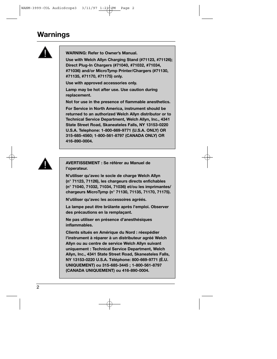 Warnings | Welch Allyn Audioscope 3 Portable Screening Audiometer - User Manual User Manual | Page 4 / 32