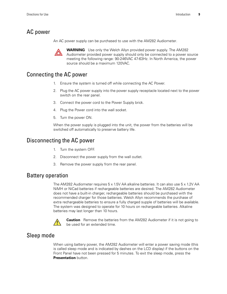 Ac power, Connecting the ac power, Disconnecting the ac power | Battery operation, Sleep mode | Welch Allyn AM282 Audiometer - User Manual User Manual | Page 13 / 32