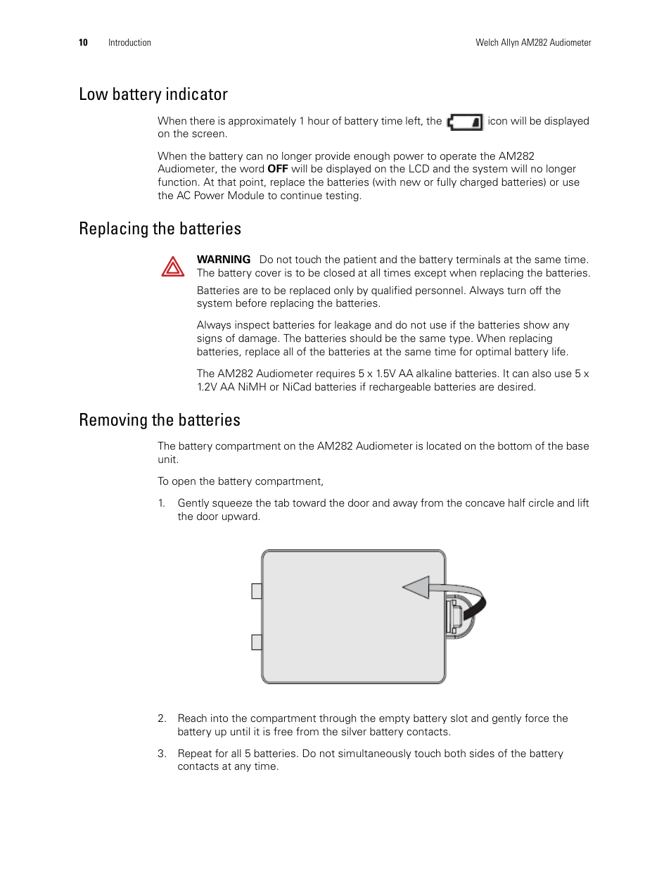 Low battery indicator, Replacing the batteries removing the batteries | Welch Allyn AM282 Audiometer - User Manual User Manual | Page 14 / 32