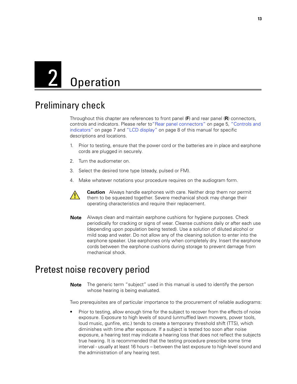 Operation, Preliminary check, Pretest noise recovery period | Preliminary check pretest noise recovery period | Welch Allyn AM282 Audiometer - User Manual User Manual | Page 17 / 32