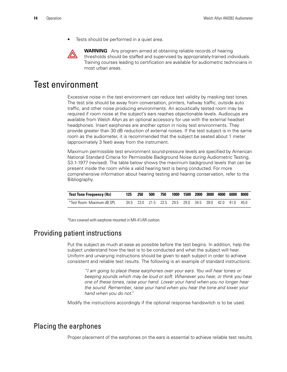 Test environment, Providing patient instructions, Placing the earphones | Welch Allyn AM282 Audiometer - User Manual User Manual | Page 18 / 32