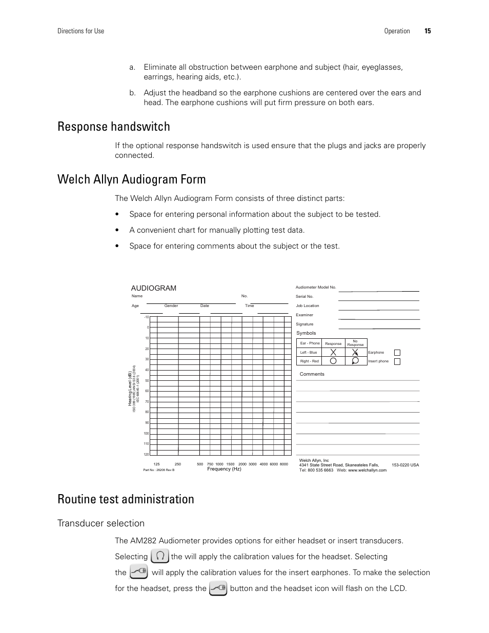 Response handswitch, Welch allyn audiogram form, Routine test administration | Transducer selection, Directions for use operation 15 | Welch Allyn AM282 Audiometer - User Manual User Manual | Page 19 / 32