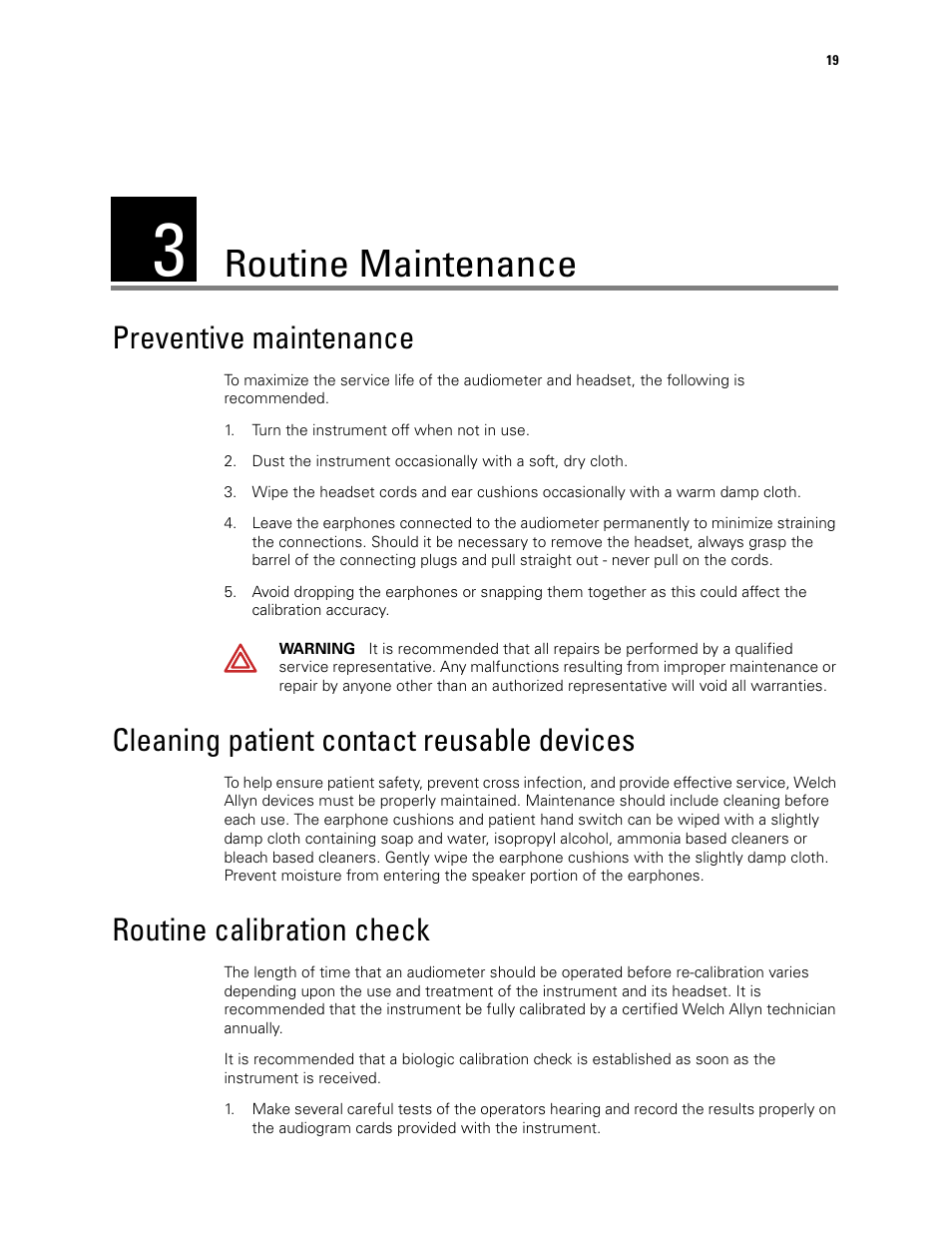Routine maintenance, Preventive maintenance, Cleaning patient contact reusable devices | Routine calibration check | Welch Allyn AM282 Audiometer - User Manual User Manual | Page 23 / 32