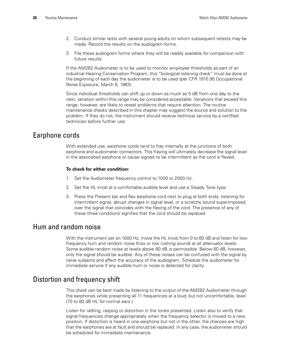 Earphone cords, Hum and random noise, Distortion and frequency shift | Welch Allyn AM282 Audiometer - User Manual User Manual | Page 24 / 32