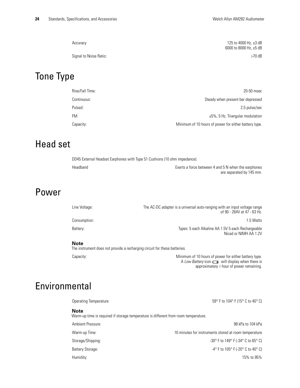 Tone type, Head set, Power | Environmental, Tone type head set power environmental | Welch Allyn AM282 Audiometer - User Manual User Manual | Page 28 / 32
