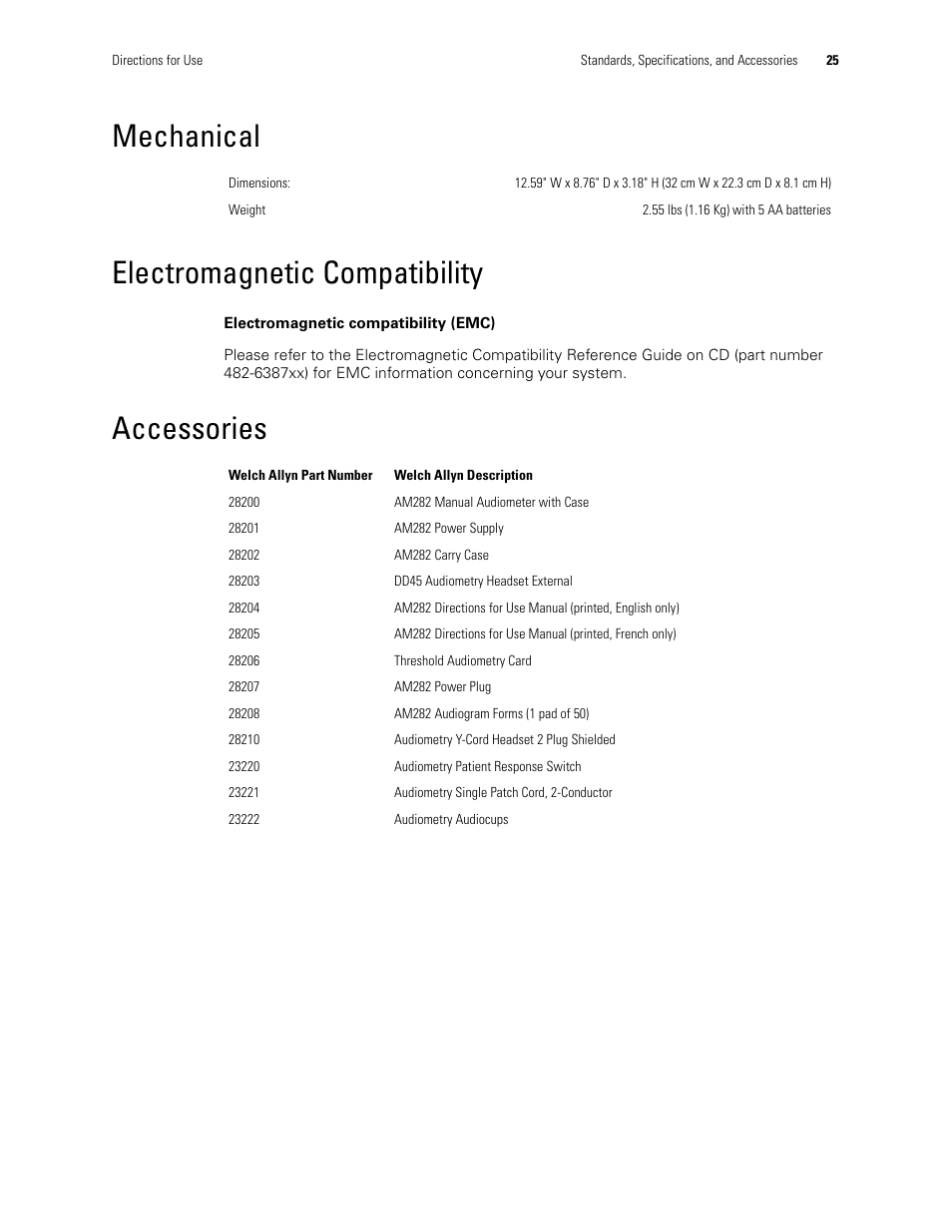 Mechanical, Electromagnetic compatibility, Accessories | Mechanical electromagnetic compatibility | Welch Allyn AM282 Audiometer - User Manual User Manual | Page 29 / 32