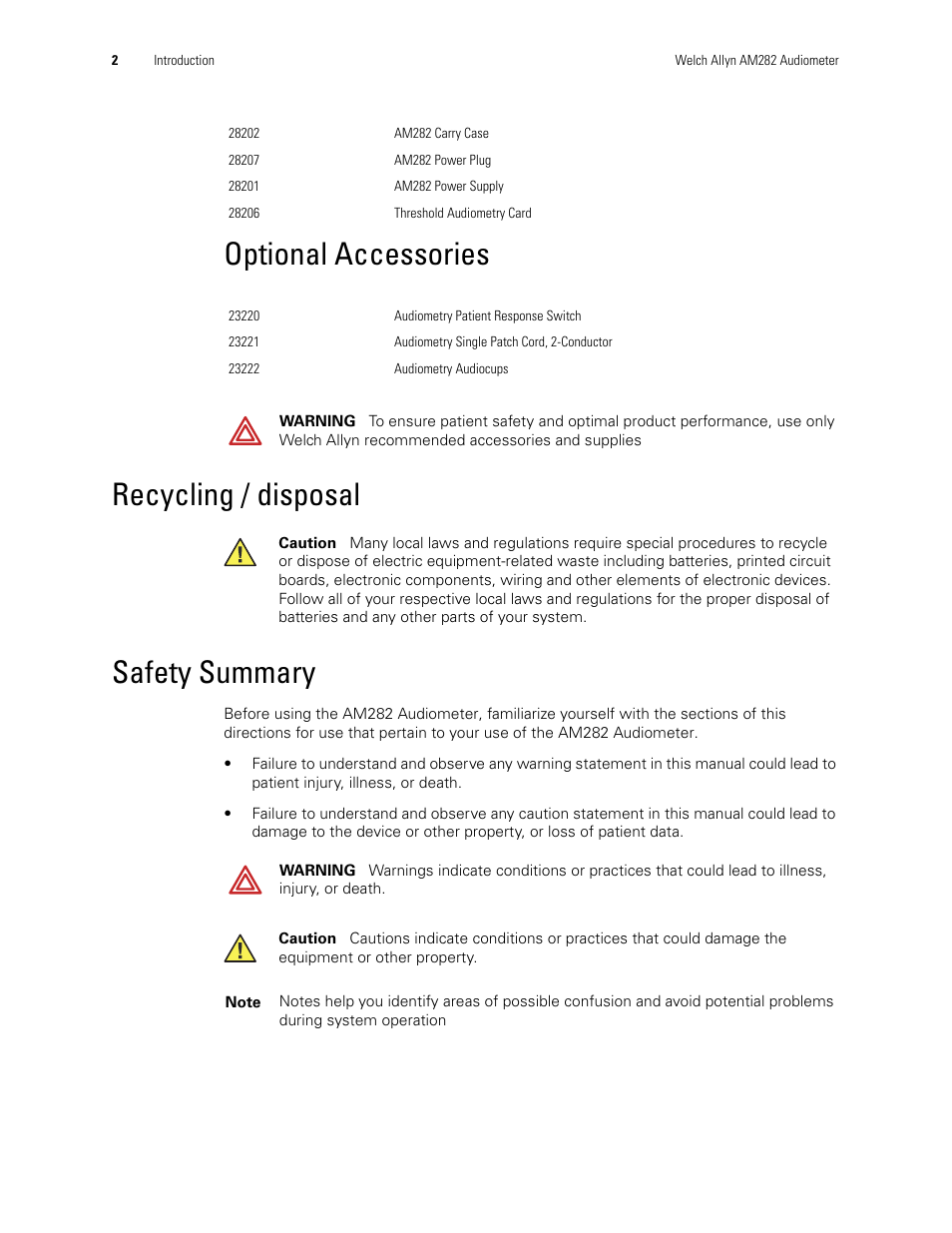 Recycling / disposal, Safety summary, Recycling / disposal safety summary | Welch Allyn AM282 Audiometer - User Manual User Manual | Page 6 / 32