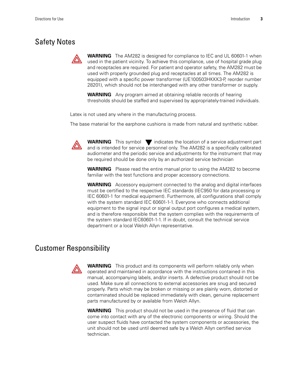 Customer responsibility | Welch Allyn AM282 Audiometer - User Manual User Manual | Page 7 / 32