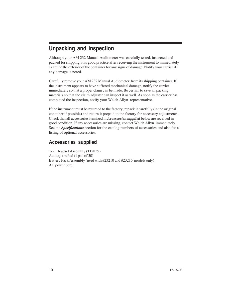 Unpacking and inspection, Accessories supplied | Welch Allyn AM 232 Manual Audiometer - User Manual User Manual | Page 10 / 38