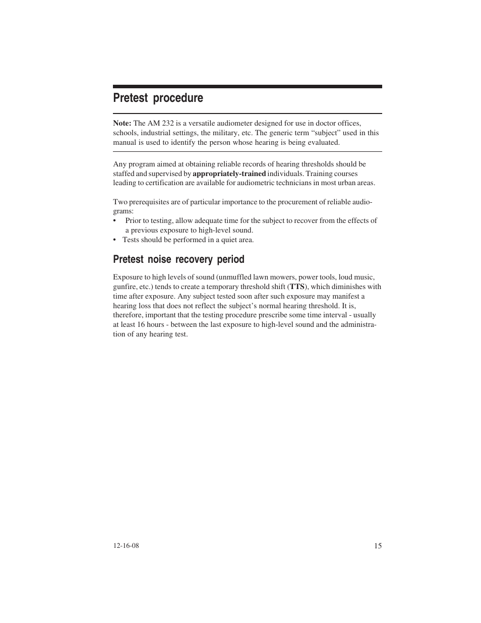 Pretest procedure, Pretest noise recovery period | Welch Allyn AM 232 Manual Audiometer - User Manual User Manual | Page 15 / 38