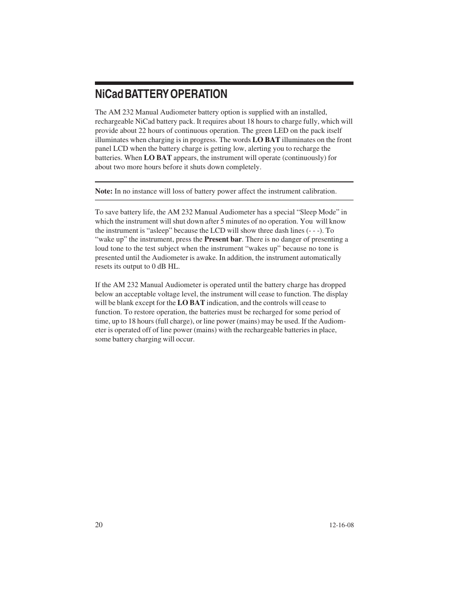 Nicad battery operation | Welch Allyn AM 232 Manual Audiometer - User Manual User Manual | Page 20 / 38