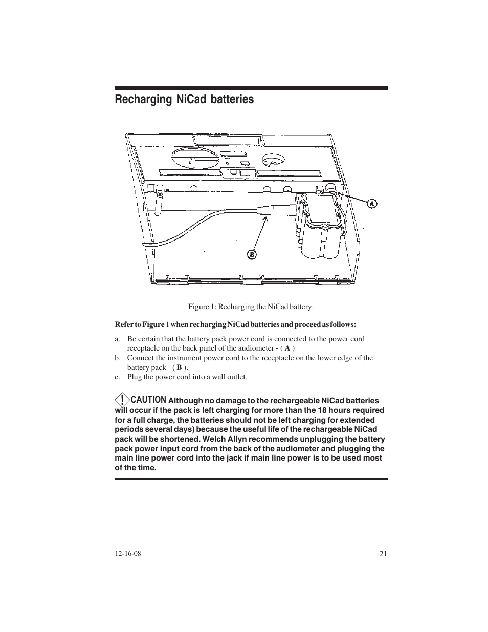 Recharging nicad batteries | Welch Allyn AM 232 Manual Audiometer - User Manual User Manual | Page 21 / 38