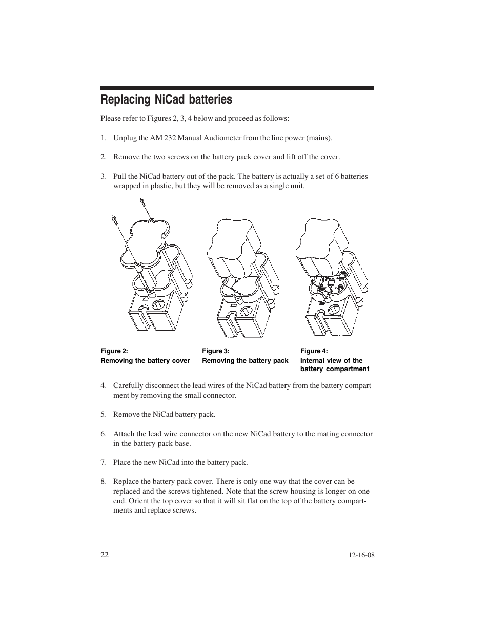 Replacing nicad batteries | Welch Allyn AM 232 Manual Audiometer - User Manual User Manual | Page 22 / 38