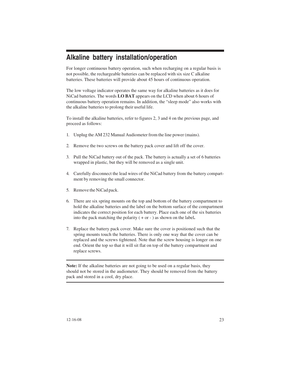 Alkaline battery installation/operation | Welch Allyn AM 232 Manual Audiometer - User Manual User Manual | Page 23 / 38