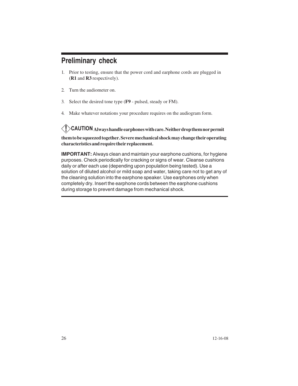 Preliminary check | Welch Allyn AM 232 Manual Audiometer - User Manual User Manual | Page 26 / 38