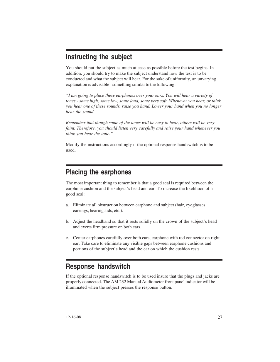 Instructing the subject, Placing the earphones, Response handswitch | Welch Allyn AM 232 Manual Audiometer - User Manual User Manual | Page 27 / 38