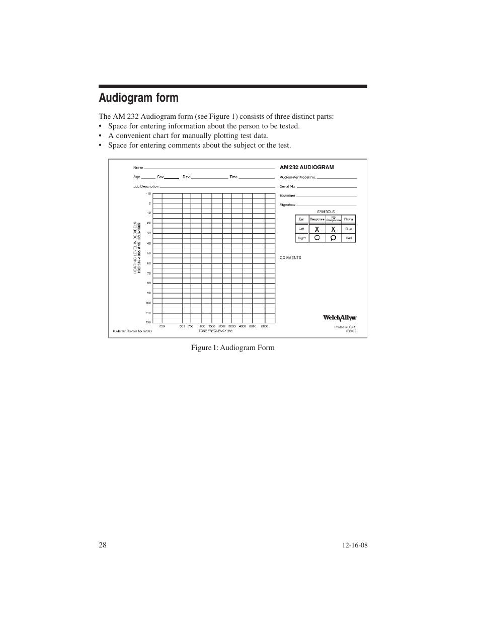 Audiogram form | Welch Allyn AM 232 Manual Audiometer - User Manual User Manual | Page 28 / 38