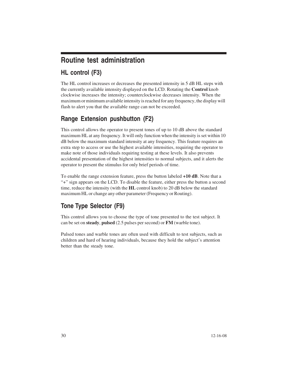 Routine test administration, Hl control (f3), Range extension pushbutton (f2) | Tone type selector (f9) | Welch Allyn AM 232 Manual Audiometer - User Manual User Manual | Page 30 / 38