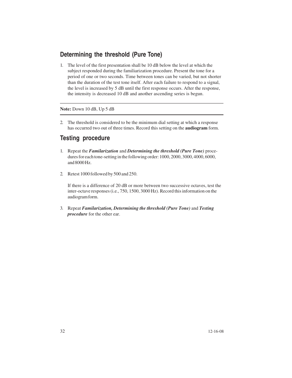 Determining the threshold (pure tone), Testing procedure | Welch Allyn AM 232 Manual Audiometer - User Manual User Manual | Page 32 / 38